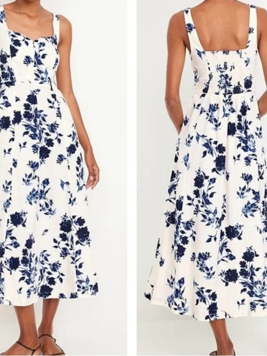 Old Navy Dresses & Skirts - Old Navy White Midi Dress with Blue Floral Print